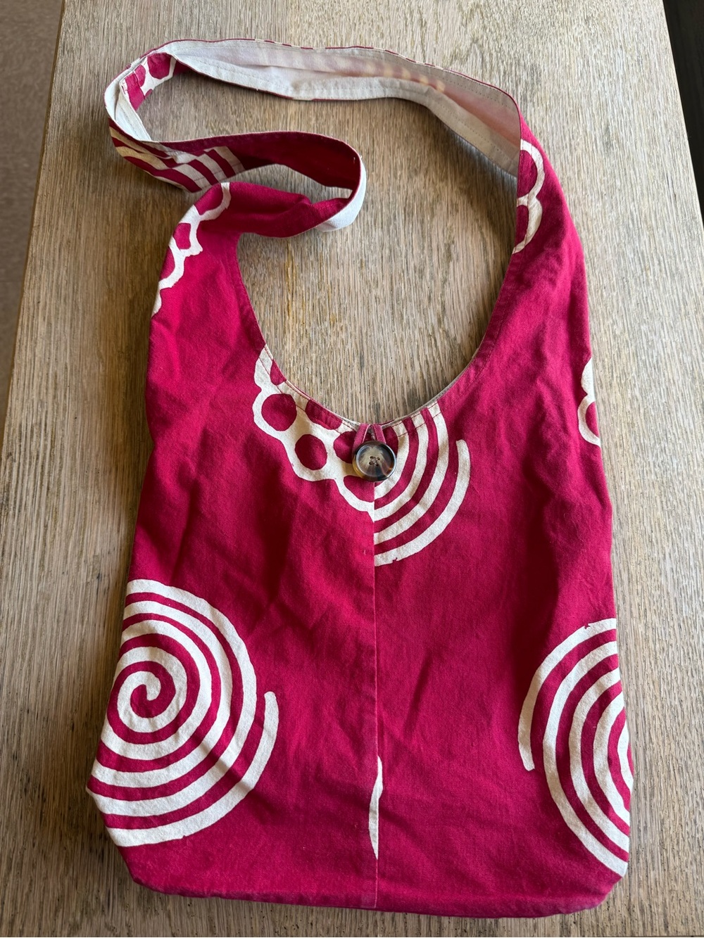 Handmade Cotton Hobo Bag Pink White Spiral Print Boho Shoulder Tote Lined